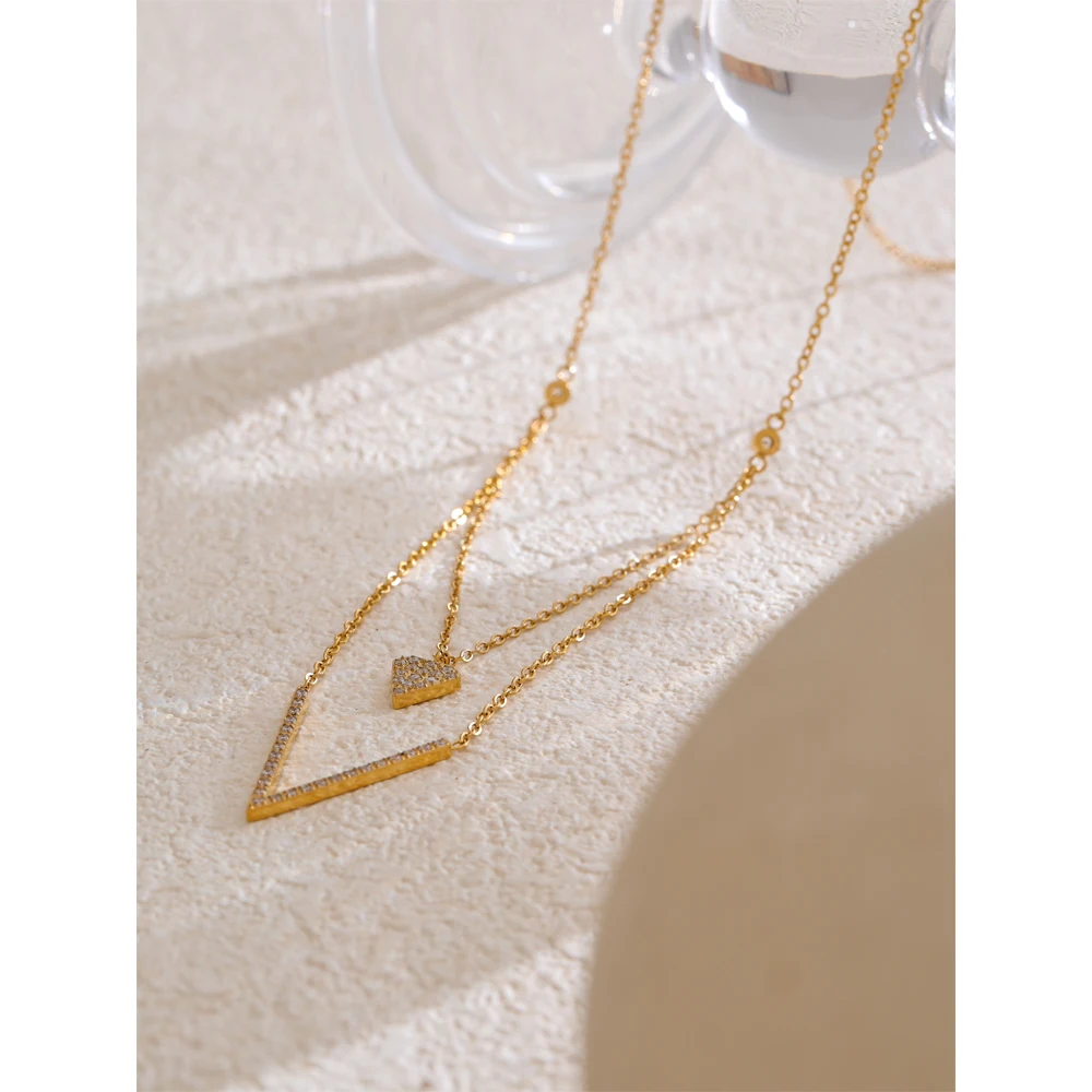 Yhpup Korean Style Shiny Cubic Zirconia Heart V-Shape Double-Layer Chain Necklace Pendant Stainless Steel Delicate Jewelry