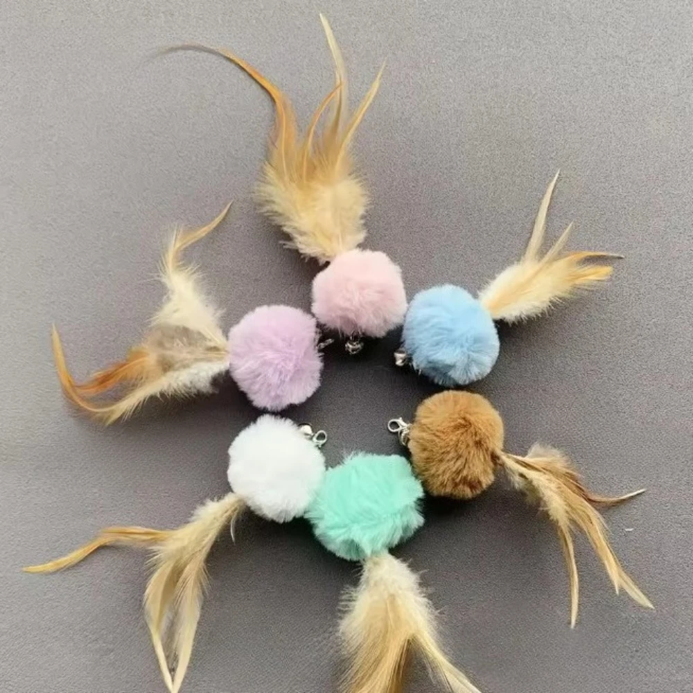 2pcs Random Color Plush Ball Feather Cat Teaser Stick For Changing Heads Cat Toy Plush Interaction Kitty Pet Toy