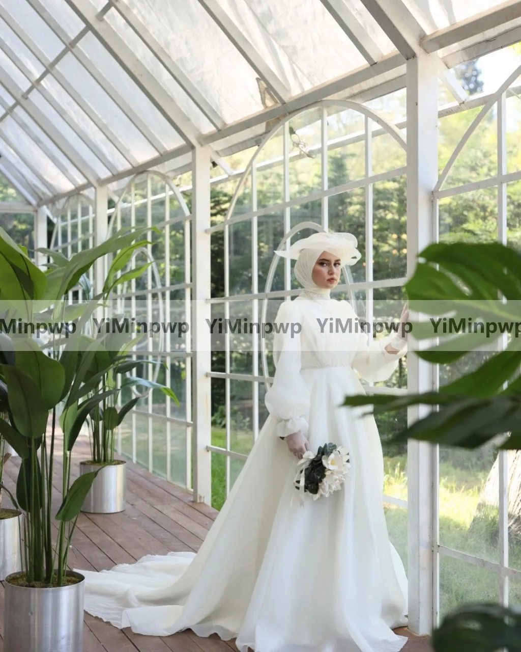 Gaun pengantin muslimah ผ้าโปร่งบางสำหรับฮิญาบเจ้าสาวเสื้อคอยาวสูงมีสายรัดประดับด้วยลูกปัดเข็มขัดสำหรับเจ้าสาวในสวน