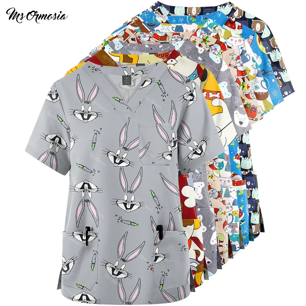 Cartoon Rabbit Print Pattern Nurse Uniform V-neck 3 Pockets Medical Uniforms Top Pink Kawaii Cute Blouse Vacation Casual T-shirt