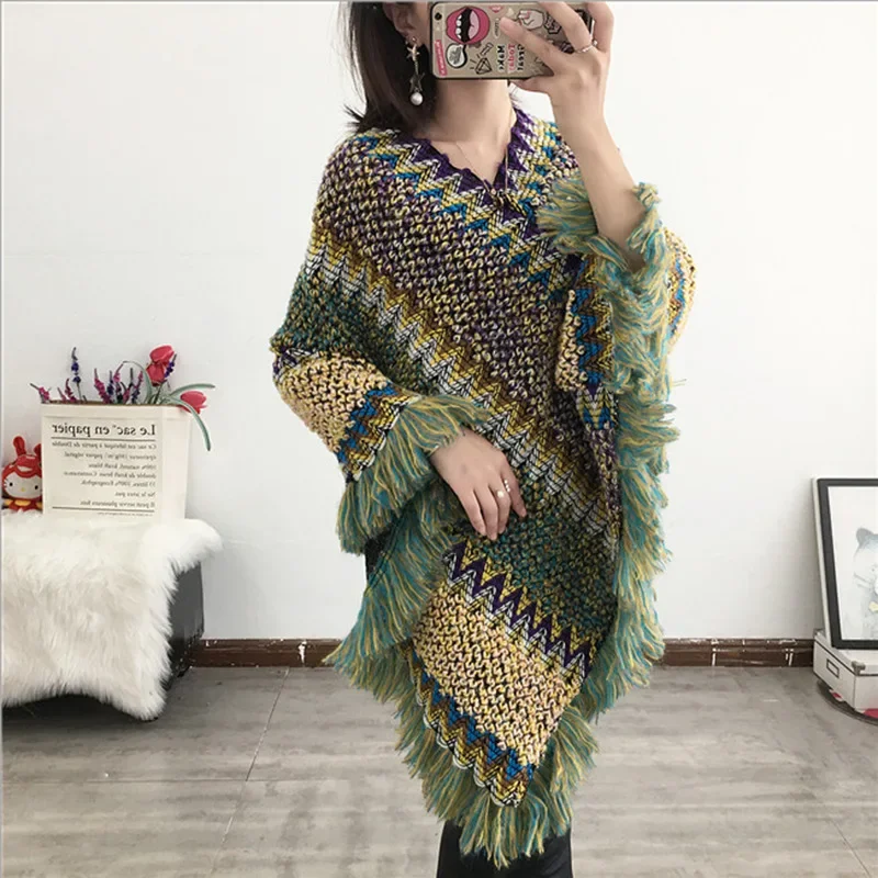 Women Autumn Striped Triangle Long Shawl Pullover Out Streetwear Knitted Tassel Oversize Poncho Knitwear V Neck Loose Sweater