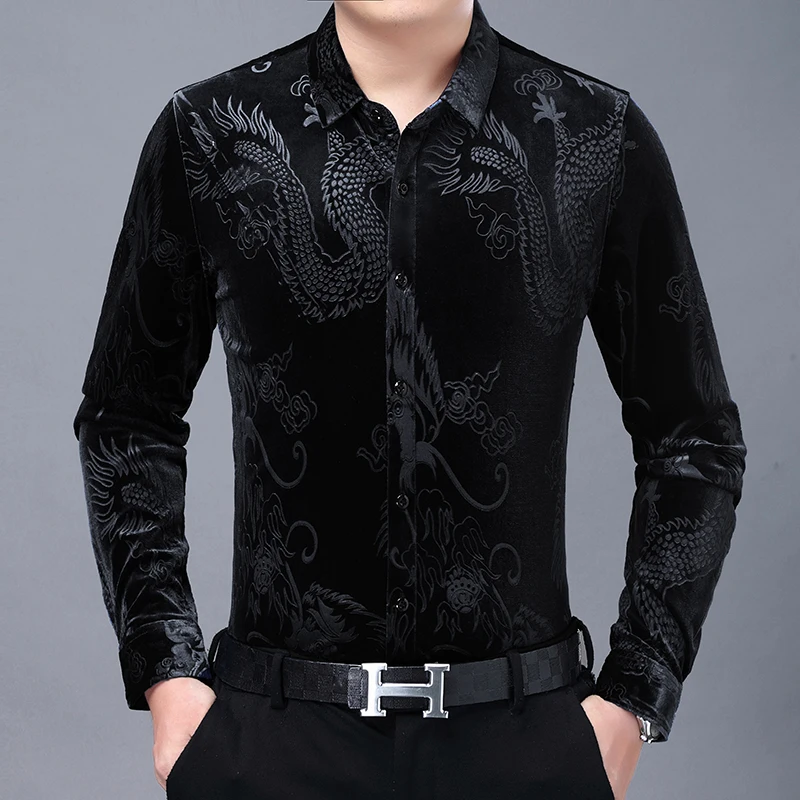 Dragon Jacquard Silky Shirts For Men Long Sleeved Casual Luxury Autumn Quality Velvet Soft Comfortable Premium Camisas De Hombre