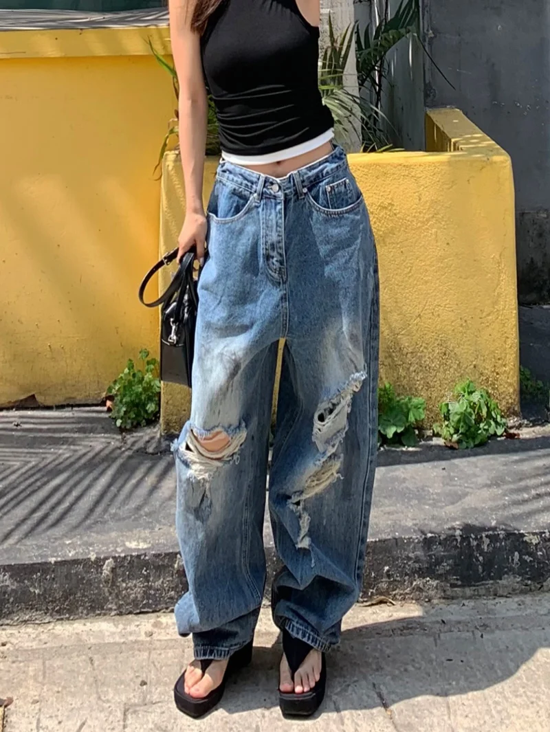 

Новинка 2026: Женские джинсы с дырками в американском винтажном стиле, свободные, широкие, в пол, однотонные, с естественной линией талии