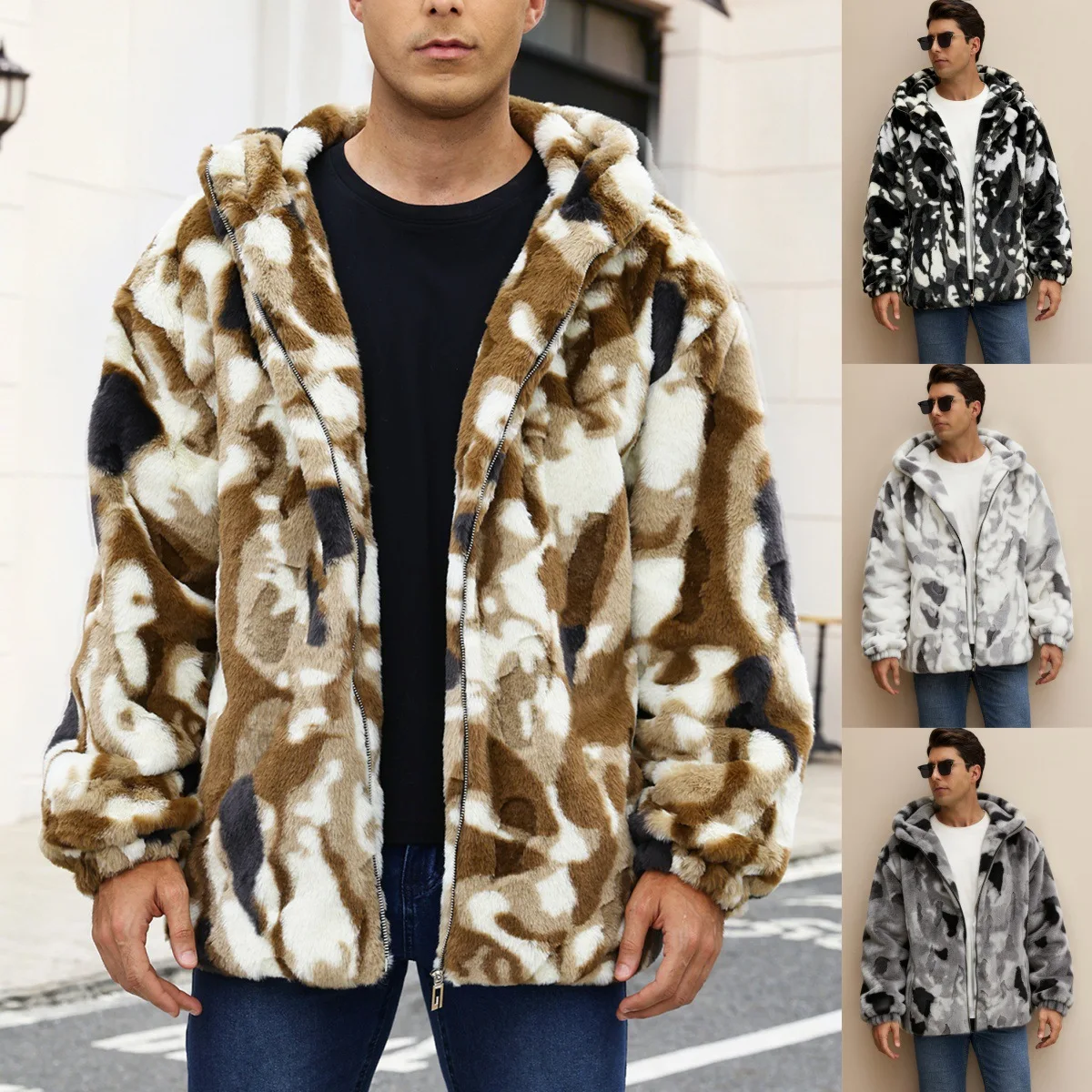 Men's imitation fur color camouflage jacket plush contrasting color warm thickened jacket