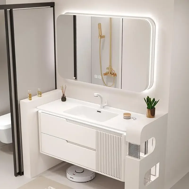 Integrated ceramic basin bathroom cabinet combination fillet Renai integrated bathroom cabinet washstand cream wind wash basin.