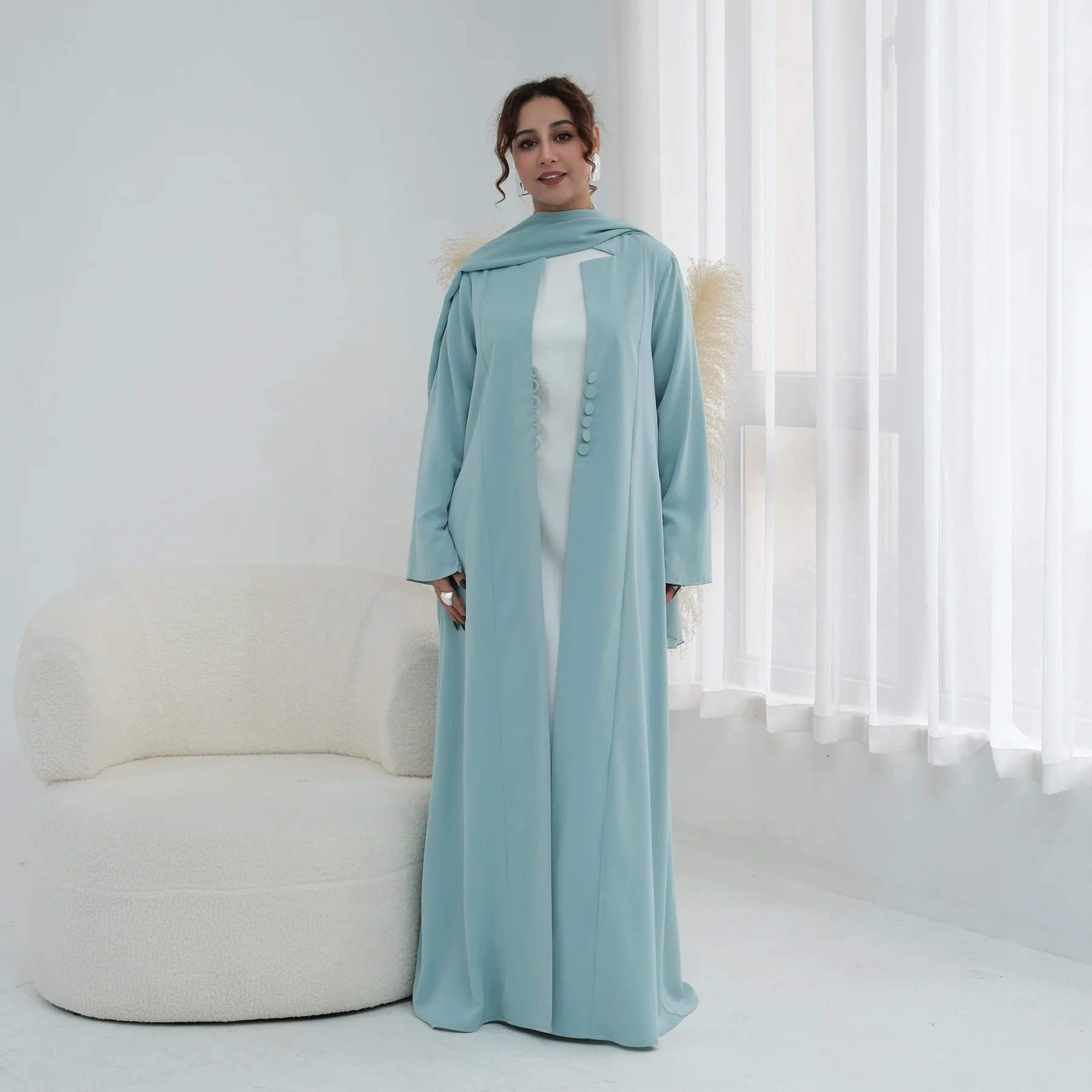 

Дубайский женский комплект из 2 предметов: платье-абайя, шарф, кардиган на пуговицах, мусульманская джалабия для Ид, Рамадана, исламских праздников, арабский длинный халат, Марокко 2026