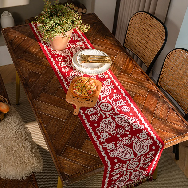 Christmas Chenille Tassel Table Runner,Cotton Linen Thicken Fabric Table Decoration,Dining Room Restaurant Modern Decor Supplies