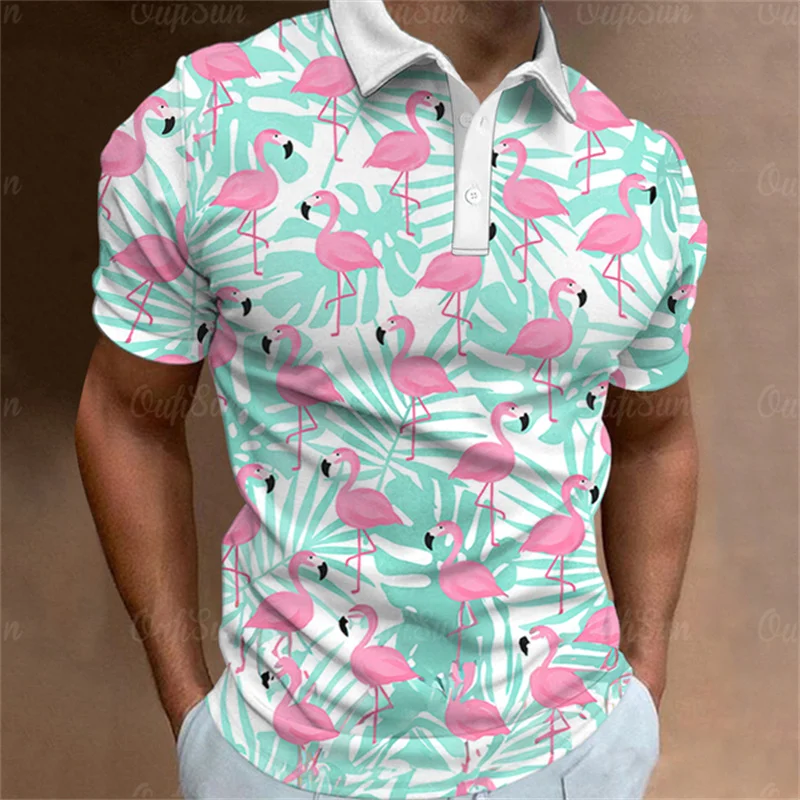 Flamingos Polo T-Shirts Cartoon Print Trending Shirt Summer Short-Sleeve Hawaiian Style Luxury Golf Wear men Overisized Clothing