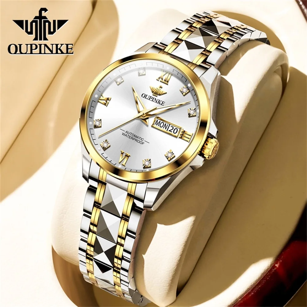 

OUPINKE 3262 Automatic Mechanical Watch for Ladies Diamond Dual Calendar Display Waterproof Ladies' Wristwatch