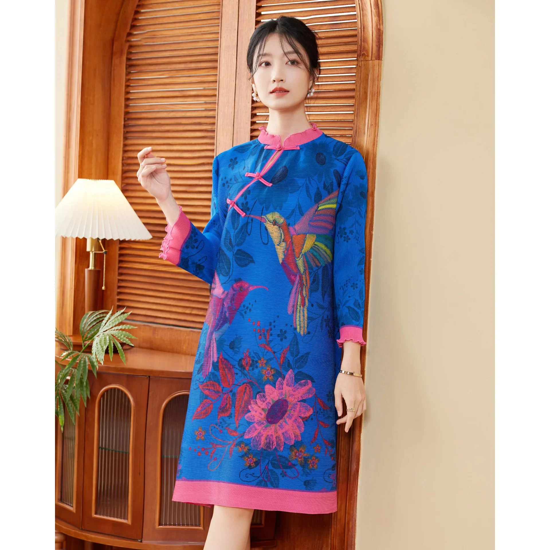 

Miyake Pleated Chinese Style Printed Dress 2024 Spring New Style High-end New Chinese Style Women's Fashion Mom Wear Plus Size