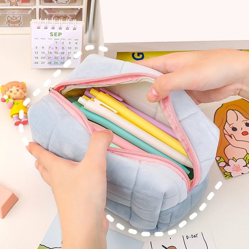 Women Zipper Fur Cosmetic Storage Bag Large Solid Makeup Organizer Handbag Stationery Pencil Case Travel Make Up Toiletry Punch