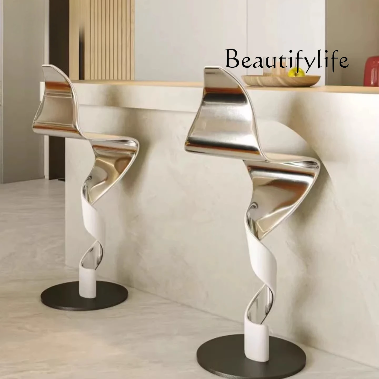 

Light luxury special-shaped bar chair S-shaped art twist iron art bar chair high stool stainless steel chair