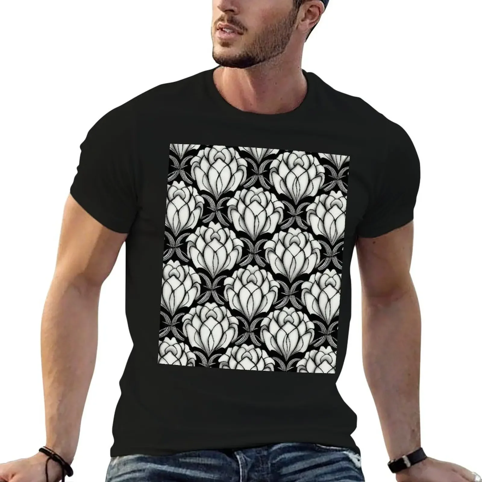 Vintage Floral Cottagecore Romantic Flower Peony Design Black and White T-Shirt graphic t shirts Men's clothing