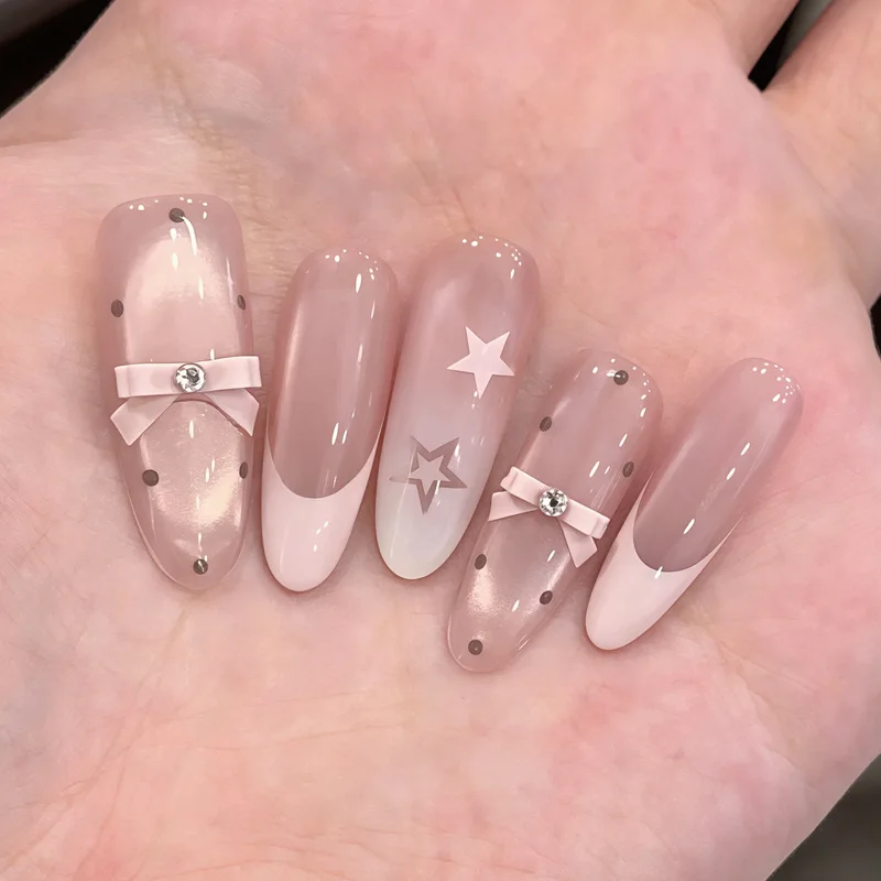 24pcs Cat's Eye French Full Cover Fake Nail Tips Diamond Flower Pearl Press on Nails Fashion Artifical Long Almond False Nail image 5