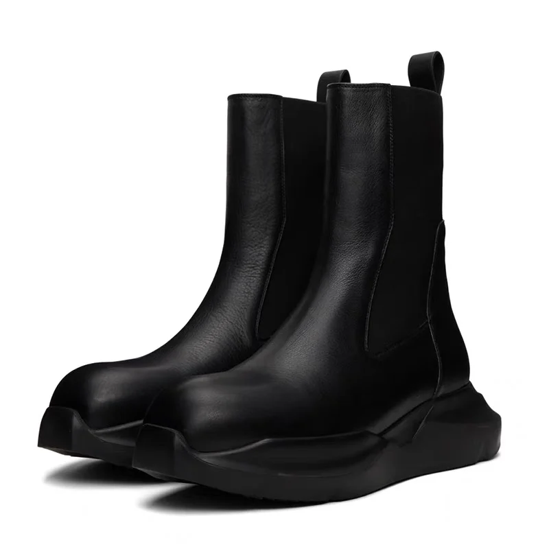 NIGO Men's High Street Thick Bottom Biker Boots Temperament Chelsea Leather Boots Black Cowhide Fashion Mid Calf Shoes #NGSH1684