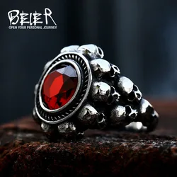 BEIER 2022 Stainless Steel Gathered Skull Ring With Red Zircon Punk Hip Hop Jewelry For Men Wholesale