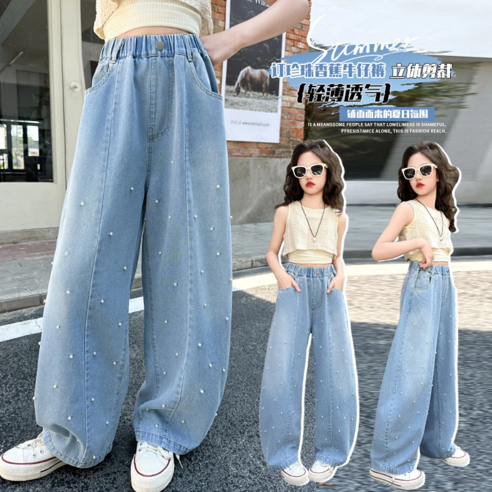 

Girls Summer Thin Wide Leg Jeans Children's Mosquito-Resistant Pants Pearl Embellished Beading Trousers for Middle to Big Kids