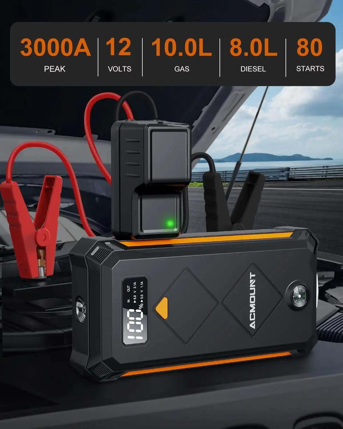 ACMOUNT 3000A Car Jump Starter (9.0L Gas & 8.0L Diesel Engine), 12V Portable Battery Charger for Emergency