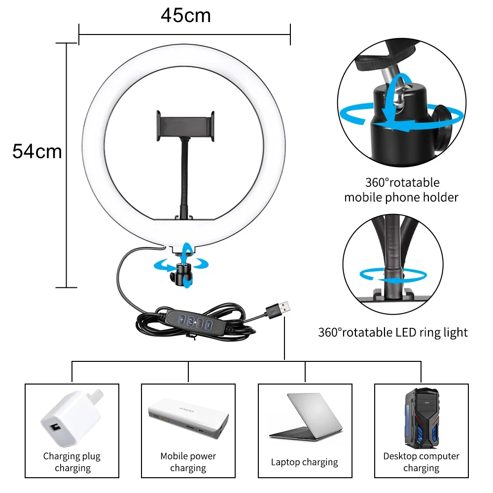 Dimmable LED Ring Light para Fotografia, Iluminação de Vídeo, Phone Stand, Tripé Fill, Lâmpada para Streaming Trepied, 18in, 22in