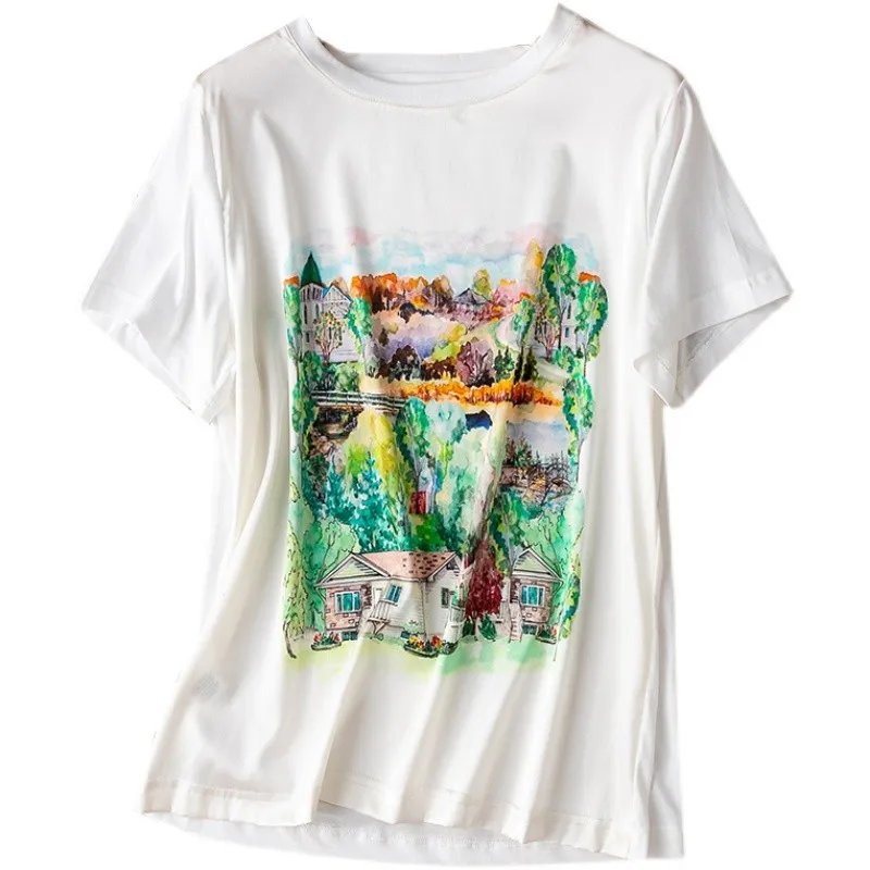 Women Silk T-shirt 93% Mulberry Silk 7% Spandex Front Side Tee Top Blouse Crew Neck short sleeves White Hometown Printed MM502