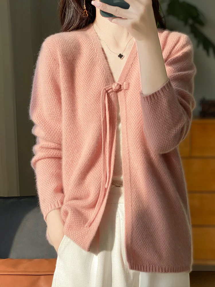 

New Fashion Spring Autumn Women Cardigan 100% Merino Wool O-neck Long Sleeve Sweater Solid Color Soft Knitwear Female Coat