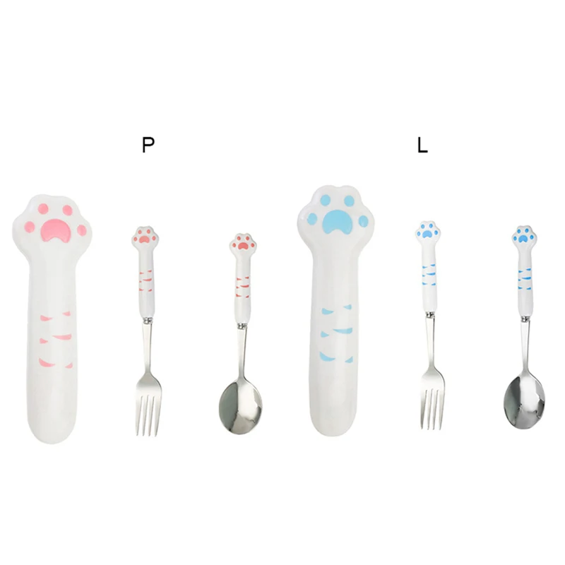 Stainless Steel Spoon and Fork Set with Storage Box Portable Tableware Cute Cat Paw Shaped Dinnerware Kit for Adults Kids School