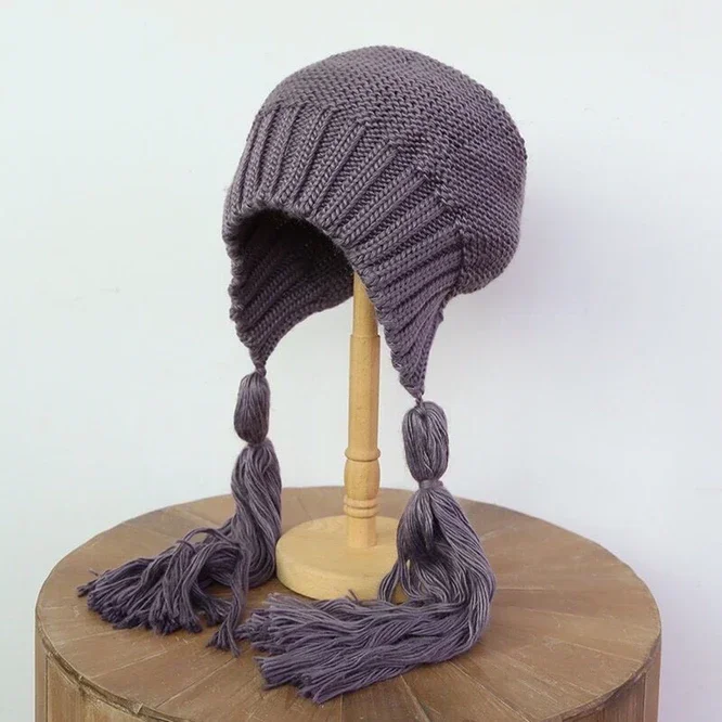 Autumn Winter Ear Protection Hat Women\'s Warm Knitting Baotou Tassels Girl Outdoor Cute Hat Korean Japanese Students Blue