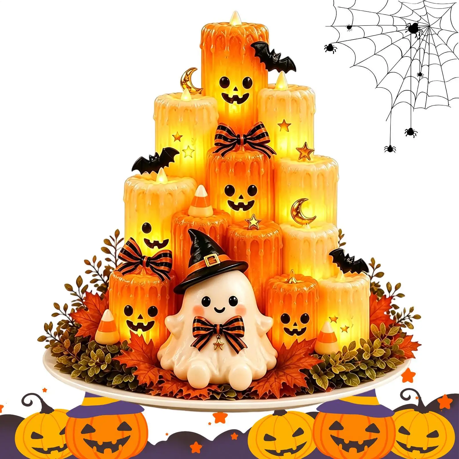 Cute Ghost Pumpkin Light LED Flameless Candle Light Battery Operated Pumpkin Ornament Tea Wax For Fall Thanksgiving Holiday