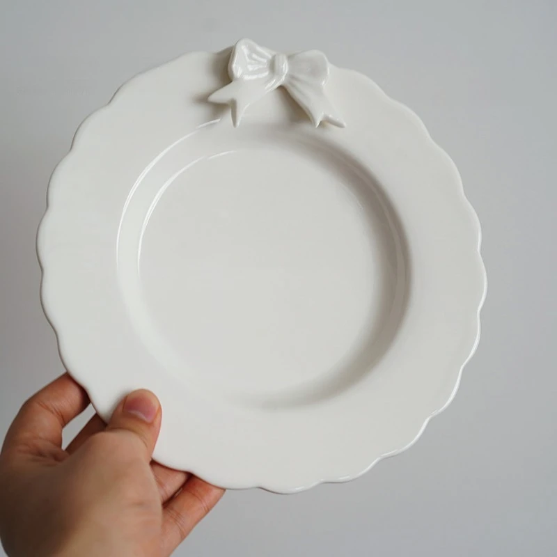 Nordic-Style Ceramic 8-Inch Plate with Bowknot & Wave Design - Premium Dessert/Snack Afternoon Tea Plate for Export Use