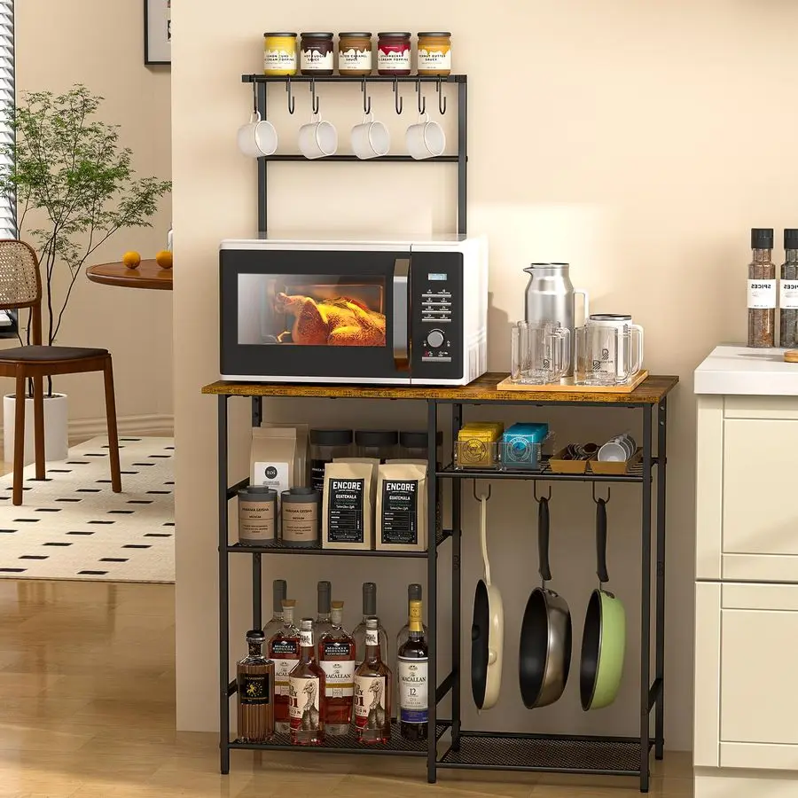 

Кухонный стеллаж для хранения, подставка для микроволновки с регулируемыми полками и 10 S-образными крючками, 6-уровневая кофейная станция, настраиваемый под заказ