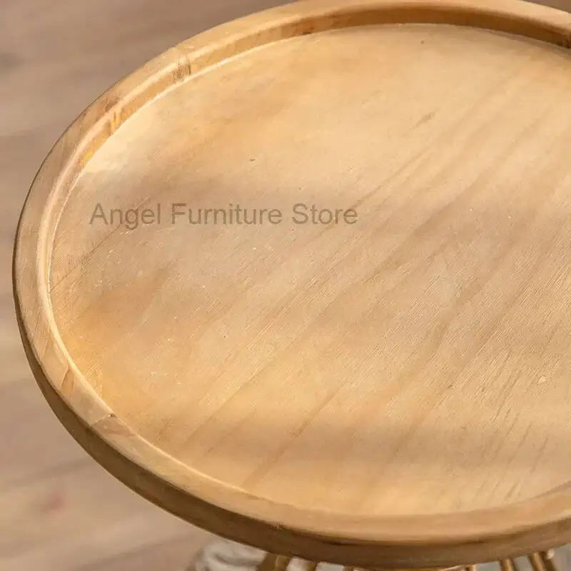 

Minimalist Side Tables Solid Wood Round Golden Iron Retro Coffee Table for Living Room mini Bedside Table Decorative Furniture
