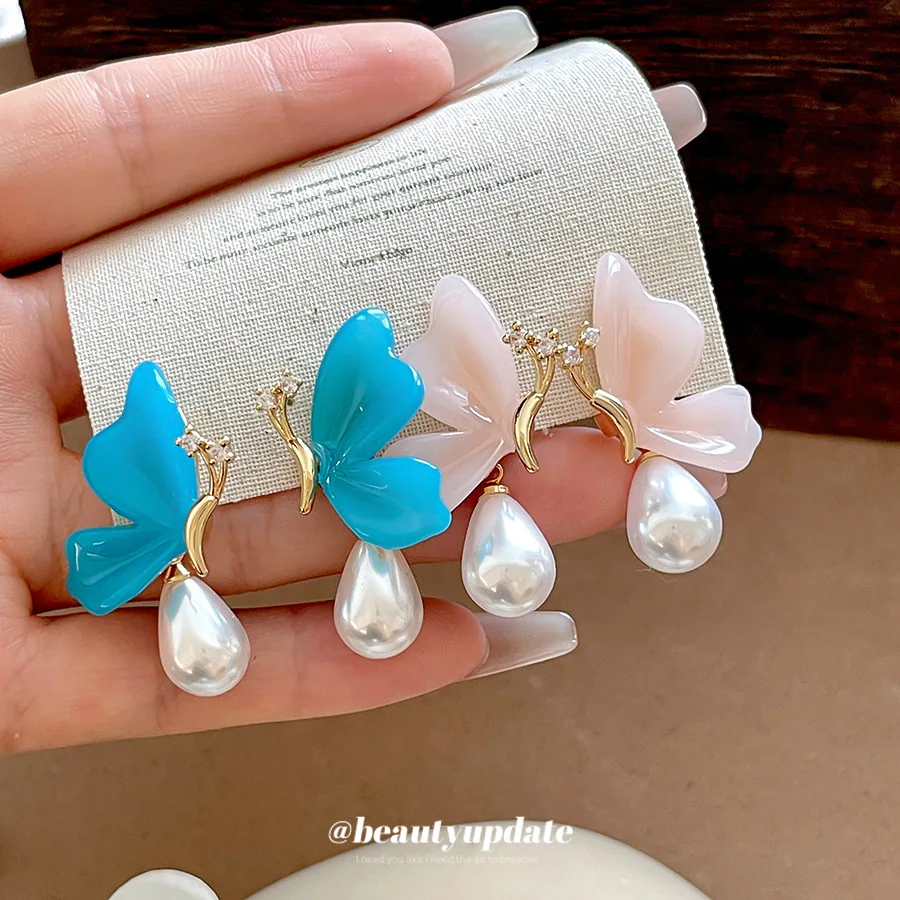 Fairytale Translucent Butterfly Drop Earrings Dreamy Glazed Teardrop Dangle Sleek Fairy Temperament Hanging Ear Jewelry