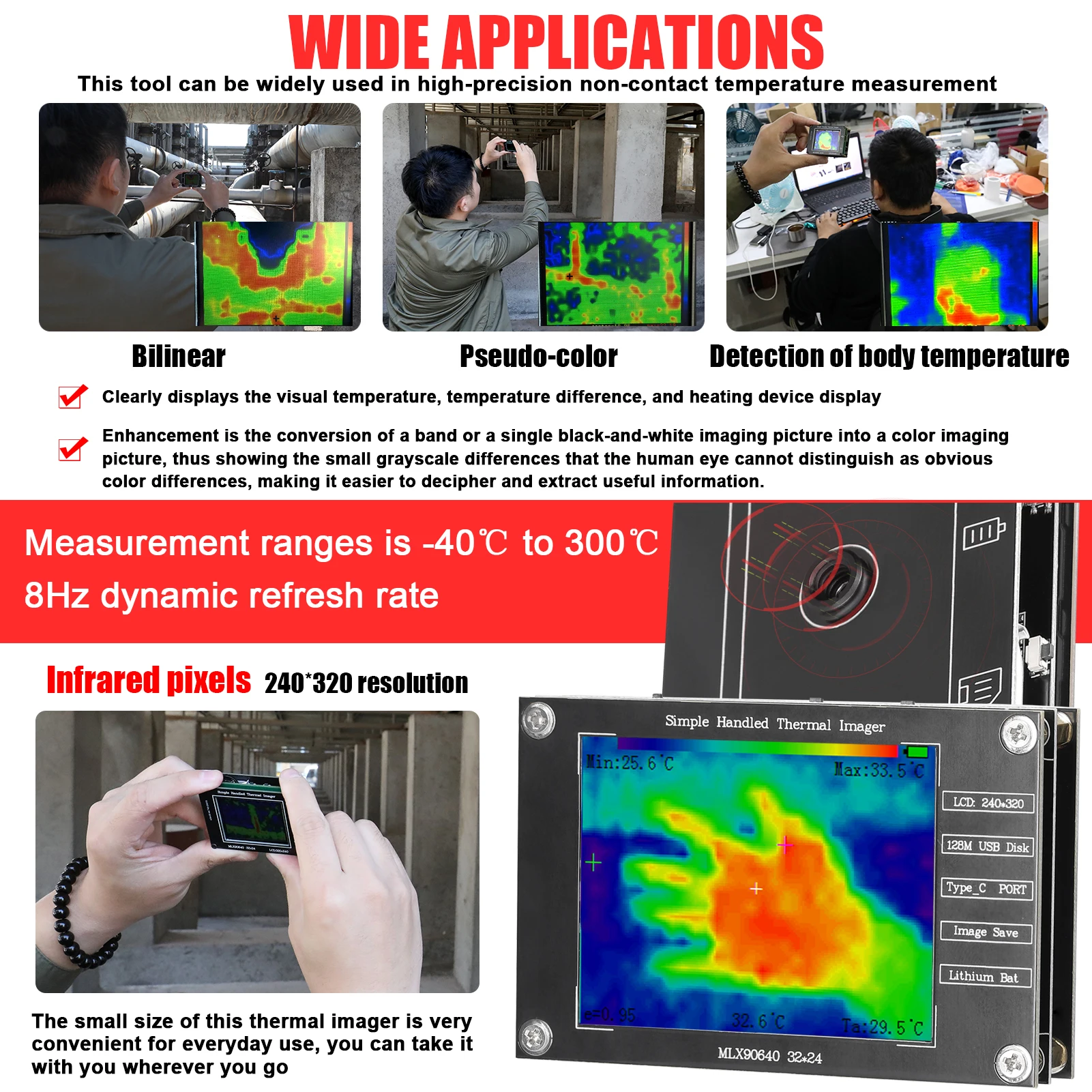 Portable Thermal Imager -40℃ to 300℃ Small Thermal Imaging Camera Support Maximum Minimum Center Temperature Measurement 2.8inch