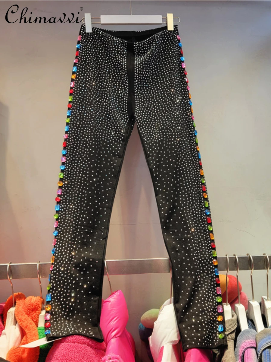 

European Station Autumn Winter New Heavy Hot Drilling Side Color Rhinestone Leggings Fashion Slim Streetwear Leggings for Women