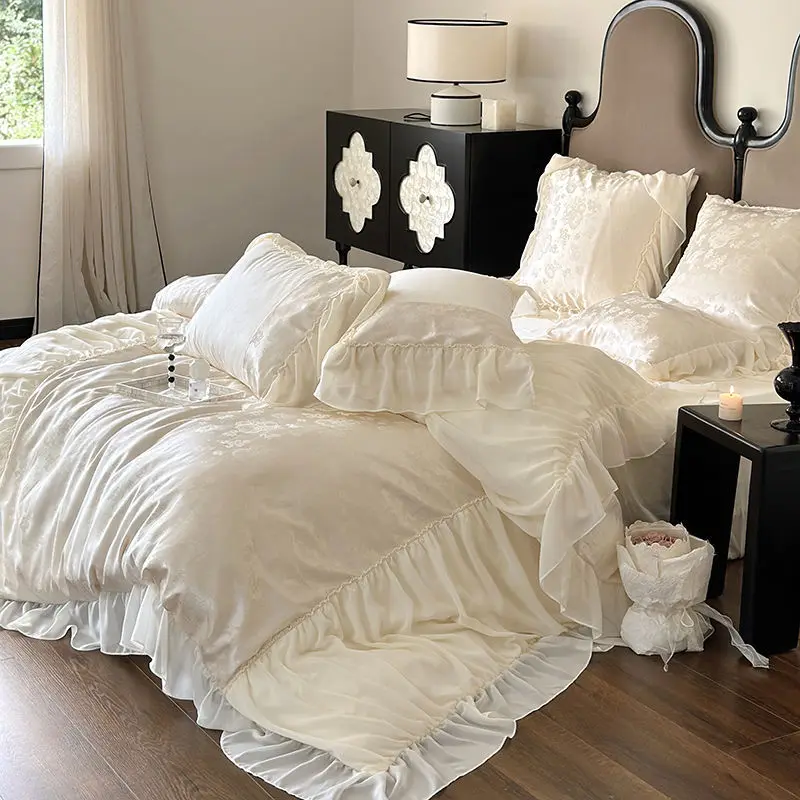 Top Luxury Princess Style 120s Lanjing Tencel Four Piece Set Spring and Summer Jacquard Cool Ice Silk Quilt Cover Bed Sheet Bedd