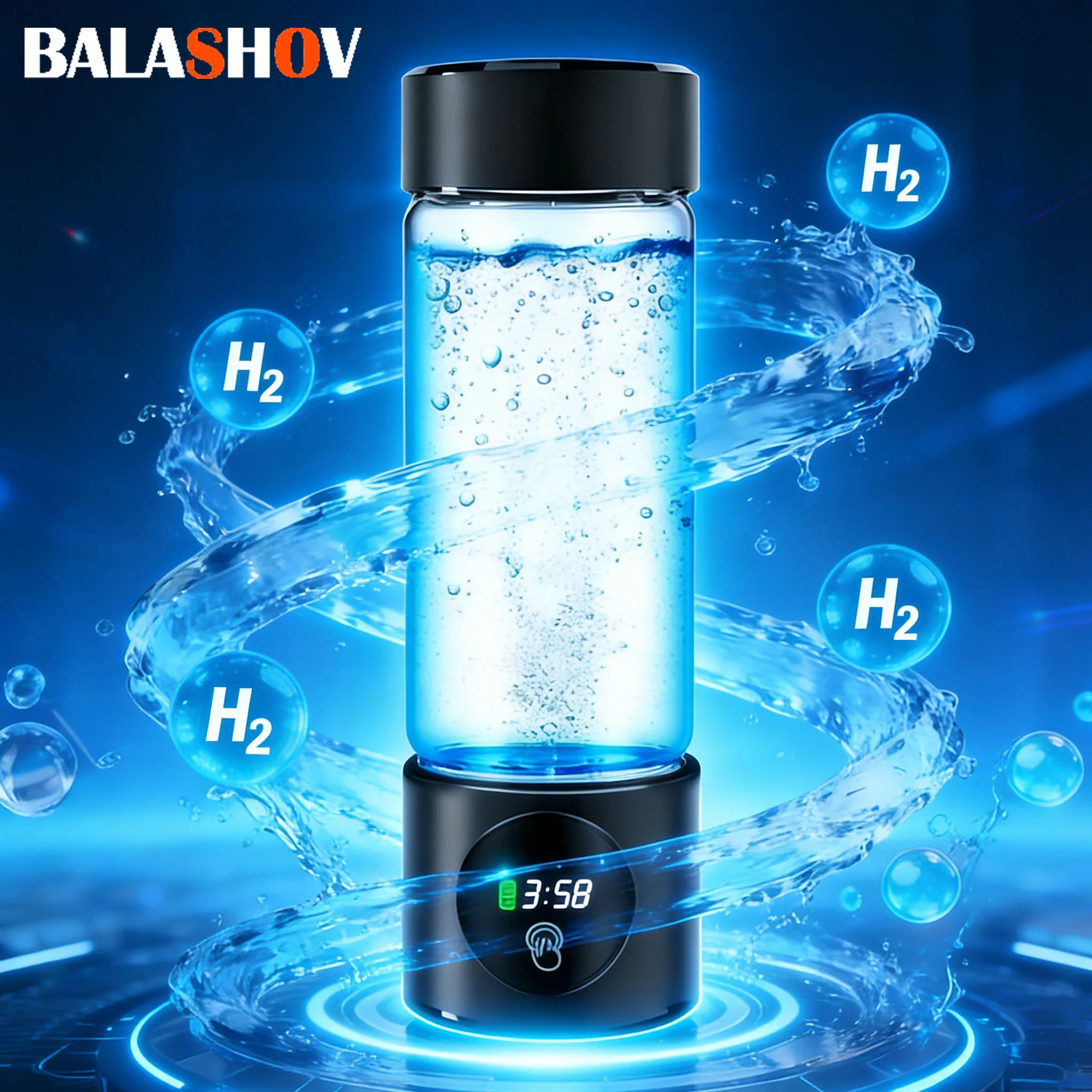 Bouteille Générateur d'Eau Hydrogénée Haute Performance 460ml SPE+PEM Double Chambre + Affichage PPB & Heure + Dispositif d'Inhalation H2