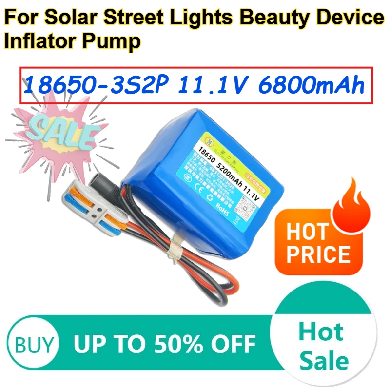 

18650-3S2P 11.1V 6800mAh Lithium Battery Pack for Solar Street Lights Beauty Device Inflator Pump Rechargeable Batteries