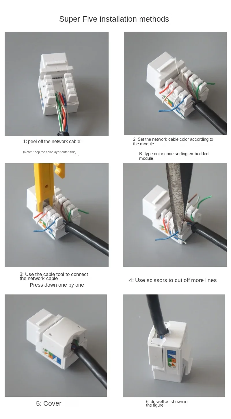 CAT5E شبكة إيثرنت جاك ، CAT5E ، RJ45 110 السلكية ، سلس ، مثقب ، مثقب ، موصل ، أبيض ، 5 قطعة