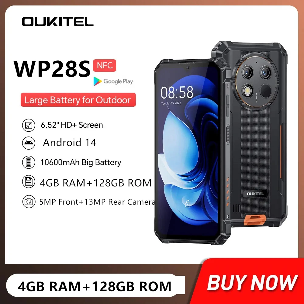 Oukitel WP28S Rugged Smartphones 6.52Inch Octa Core 4GB+128GB Android 14 Mobile Phone 10600mAh Battery 13MP Camera Cellphone NFC