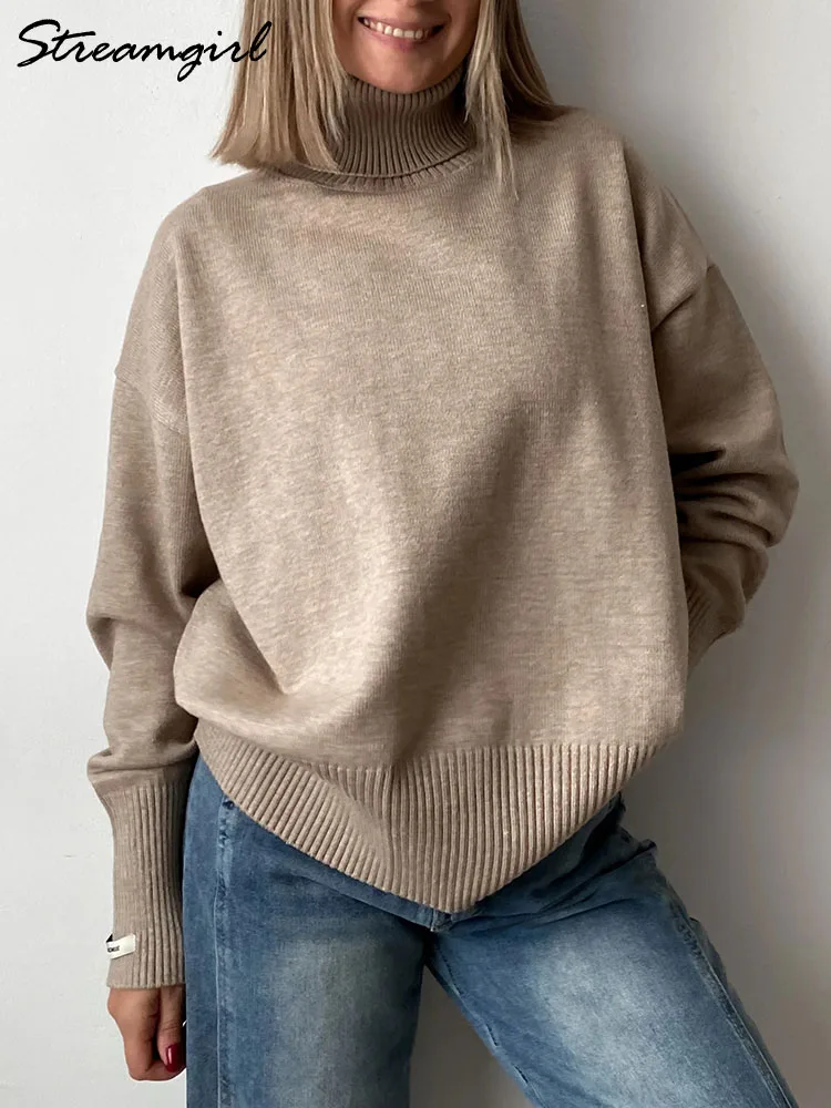 Women Turtleneck Sweaters Oversize Simple Knit Jumpers White Warm Thick Pullovers Autumn Ladies Oversized Sweater Winter Women