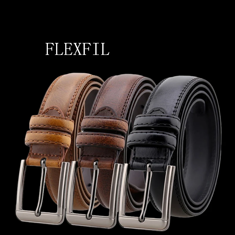 flexfil-男性ヴィンテージレザーベルトメタルシンプルビジネスファッションクラシックブランドレジャー牛革ウエストストラップジーンズ男性ベルト
