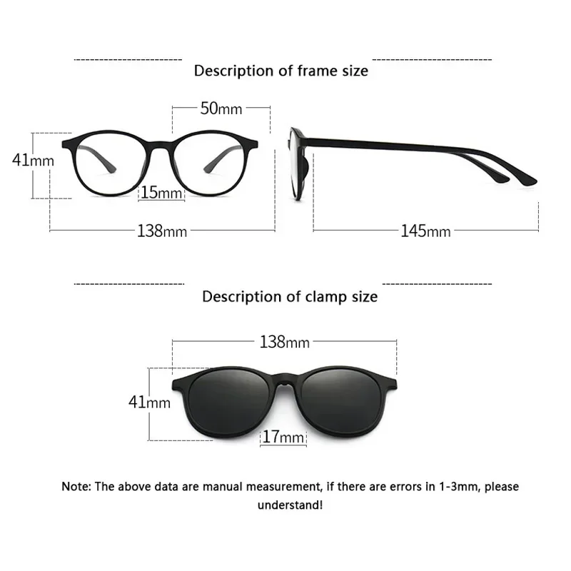 Prescription Myopia Glasses Sunglasses with Magnet Clip Round PC Frame Blue Ray Blocking for Nearsighted Astigmatism -0.5
