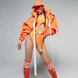 Sexy Gogo Dancer Costume Jazz Hip Hop Dance Suit Nightclub Dj Ds Clothing Party Show Rave Outfit Orange Jacket Bodysuit