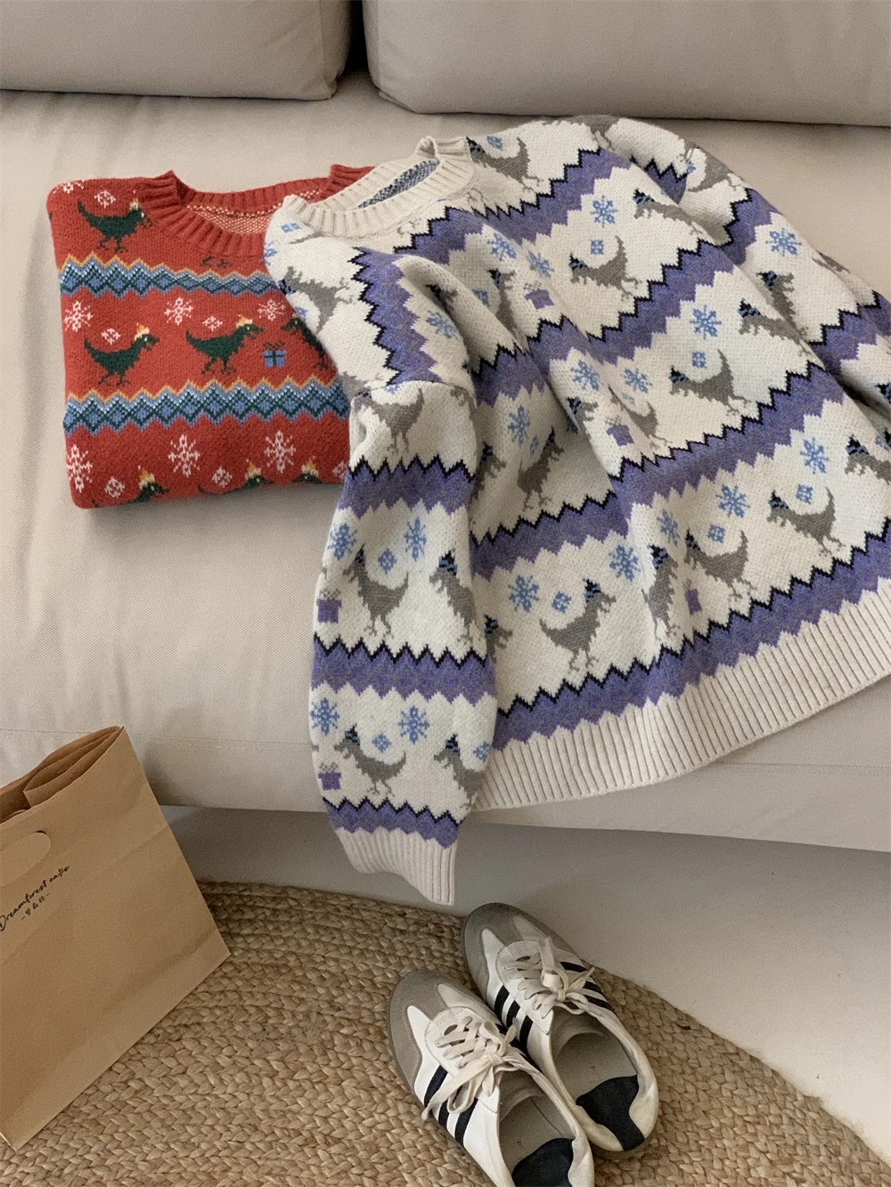 

Nordic Sle Cisas Вязаный свитер с динозавром Crew Ne Long Sve round Ne Regular Thin Pure Color Faion Design