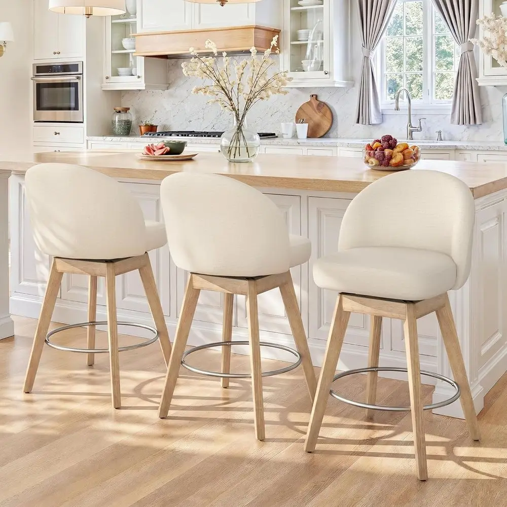 

Set of 3 26 Swivel Counter Height Bar Stools with Upholstered Backs, Light Linen Fabric, Solid Wood Legs for Kitchen Island