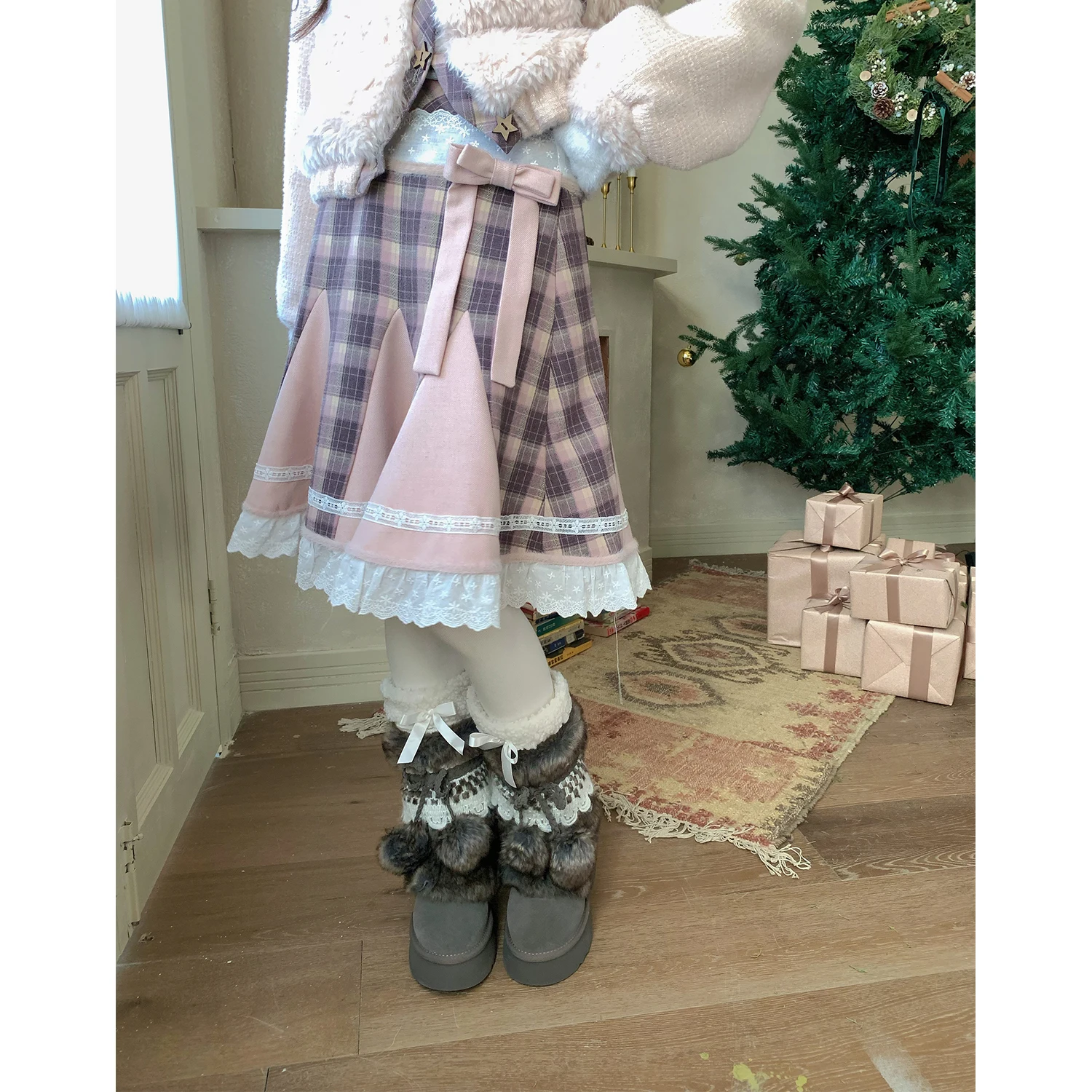 

Sweet Preppy Plaid Patchwork Woolen Skirt High Waist A-Line Loose Fit French Sle Daily Wear Cotton Lined Knot