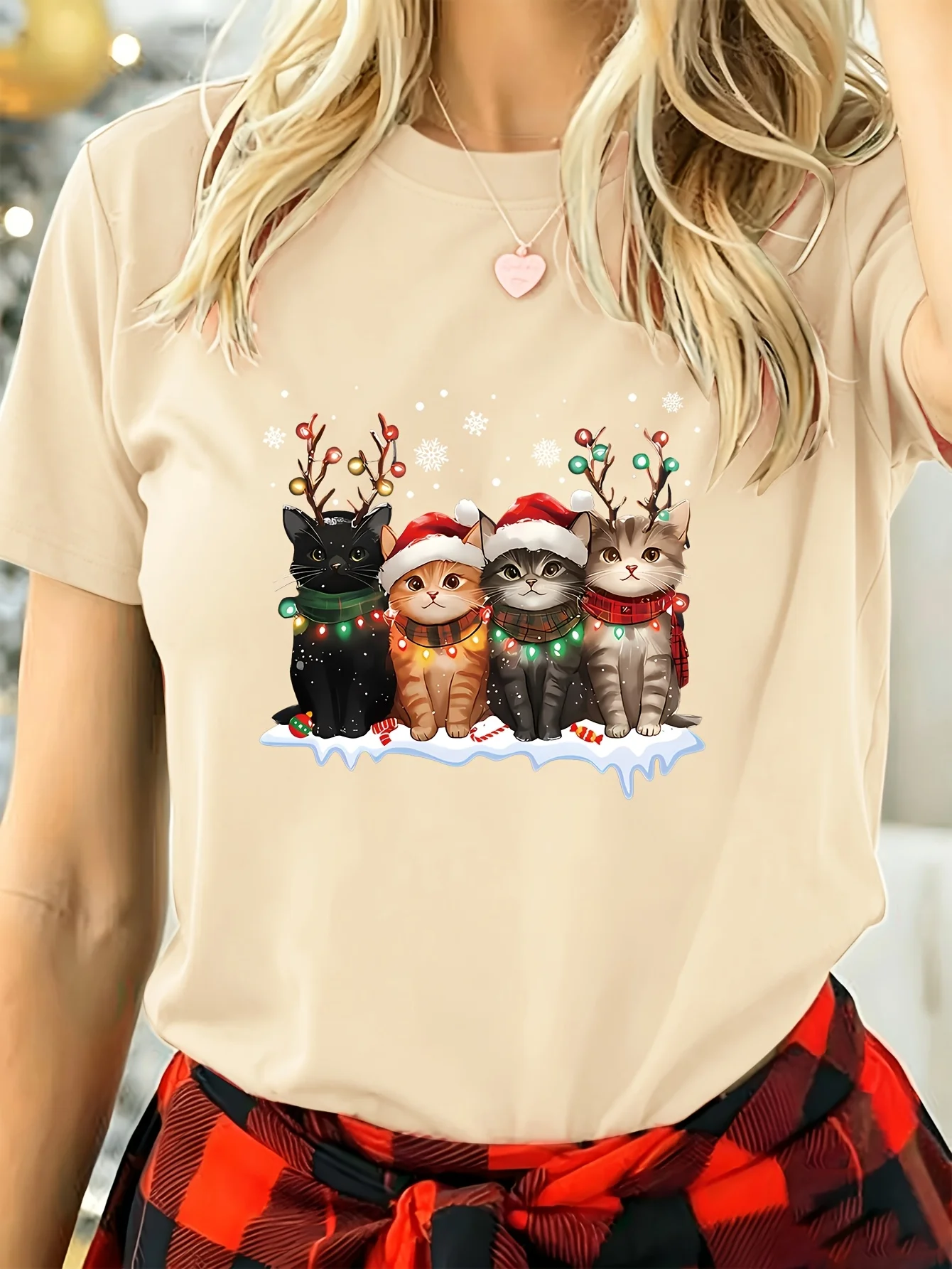 New 2026 Spring/Summer Collection Women's Fashionable and Versatile Christmas Cute Cat Print Round Neck Short Sleeve Top