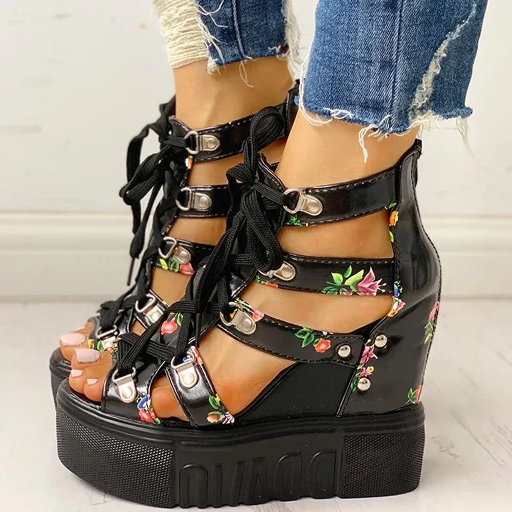 INS Hot Print Leisure Wedges Women\'s Shoes 2020 Summer Shoes Women Sandals Platform Shoelaces High Heels Casual Shoes Woman 4243