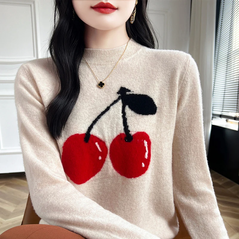 Wool Sweater Autumn Winter Women Loose Knitted Top Round Neck Embroidered Cherry Design Threaded Commute Fashion Top Pullover...