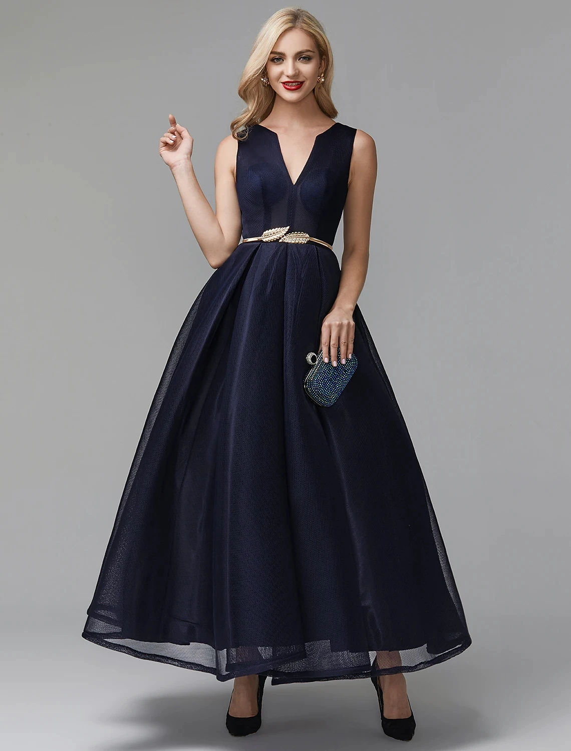 2023 Dark Navy Organza ชุดราตรี V คอความยาวข้อเท้าอย่างเป็นทางการ Gowns Robe De Soirée Femme